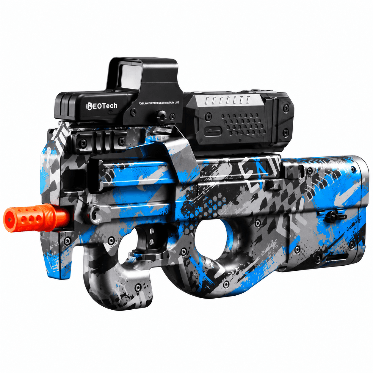 P90 Gel Blaster blau Graffiti, linke Ansicht
